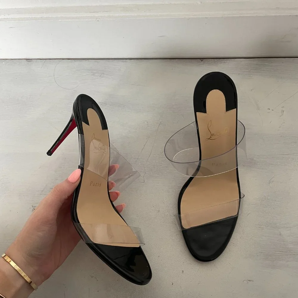 ❌SOLD❌Christian Louboutin Just Nothing 85 Slide Sandals Patent Leather PVC Mule - Picture 5 of 12